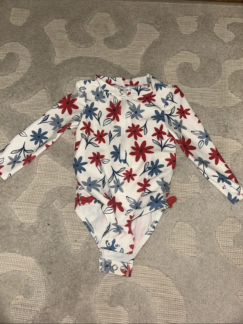 Infant Girls 9M Long Sleeve Floral One-Piece Swimsuit - Red & Blue Flowers